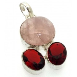 Rose Quartz and Garnet Indian Silver Pendant 01